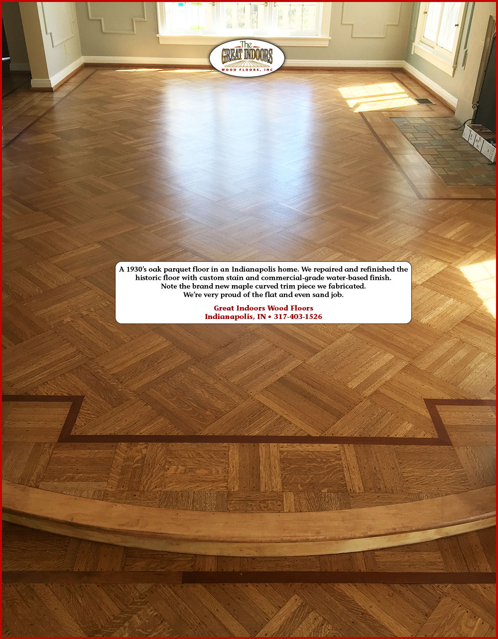 1930s oak parquet floor with custom stain color in an Indianapolis home