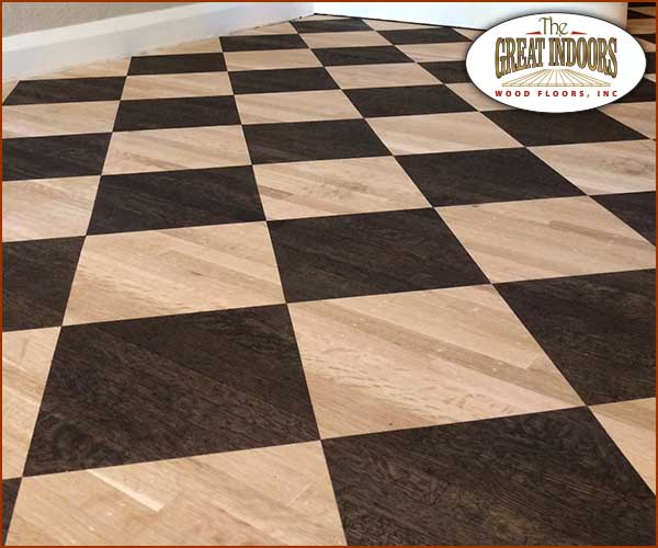 wood floor stained in a checkerboard pattern in an Indianapolis home