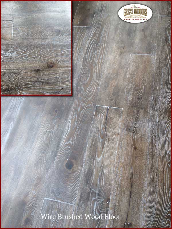 wire-brushed wood floor with whitewash in the grain pattern