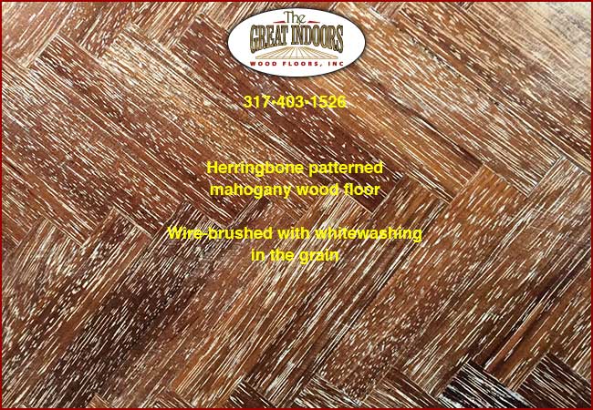 wire-brushed mahogany herringbone wood floor with whitewashed grain